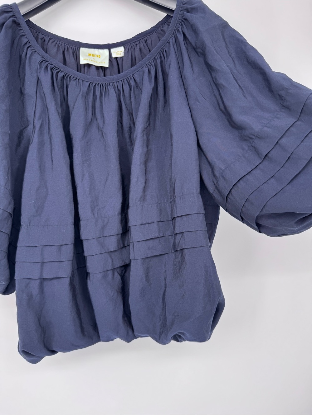 Anthropologie Navy Pintuck Puff-Sleeve Blouse - Picture 5 of 6